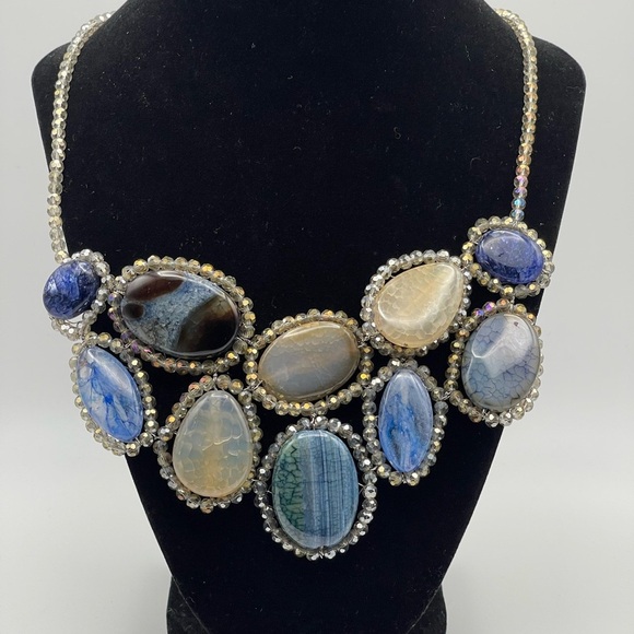 NWT nOir Jewelry Beachy Blue and Tan Bib Necklace with Large Stones and Beads - Picture 1 of 7